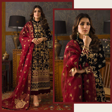 Zab299 3PC Velvet Heavy Embroidered Shirt With Organza Heavy Embroidered Dupatta